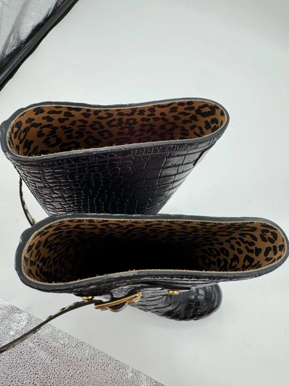 Jimmy Choo x Hunter Croc Embossed Tall Rain Boots Black Rubber Leopard Size  6